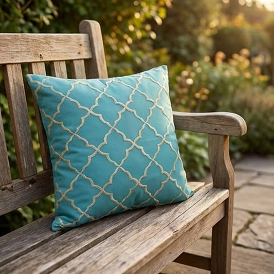 Embroidered Ogee Pattern Teal Cushion Cover