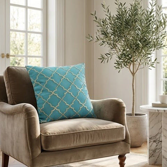 Embroidered Ogee Pattern Teal Cushion Cover