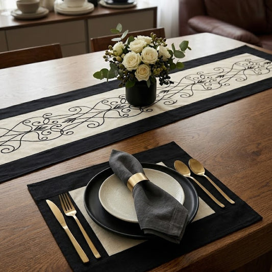 Luxurious Dining Fine Embroidered Table Runner with Matching Placemats