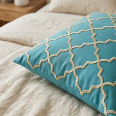 Embroidered Ogee Pattern Teal Cushion Cover